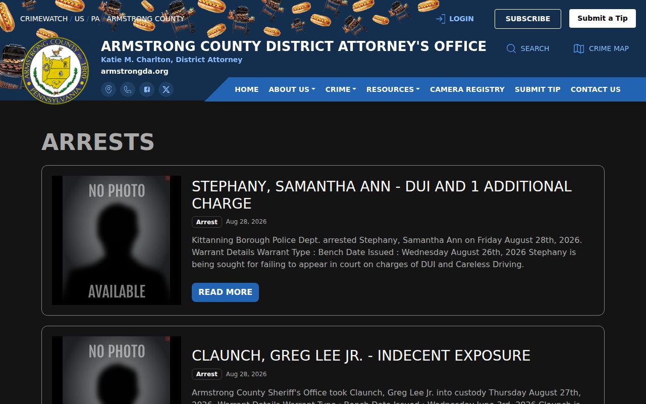 Armstrong County official DA Crimewatch arrest-news publication interface